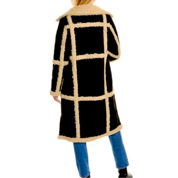 New Rebecca Minkoff Womens Long Vegan Black Cream Shearling Coat - Picture 10 of 13